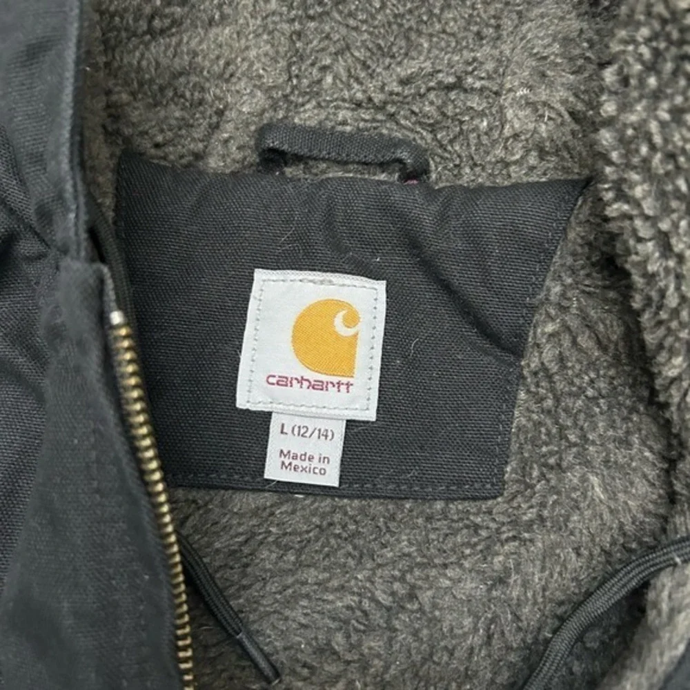 🔥 CARHARTT‎ Black Washed Duck Sherpa-Lined Canvas Hooded Jacket Women Lg - EUC